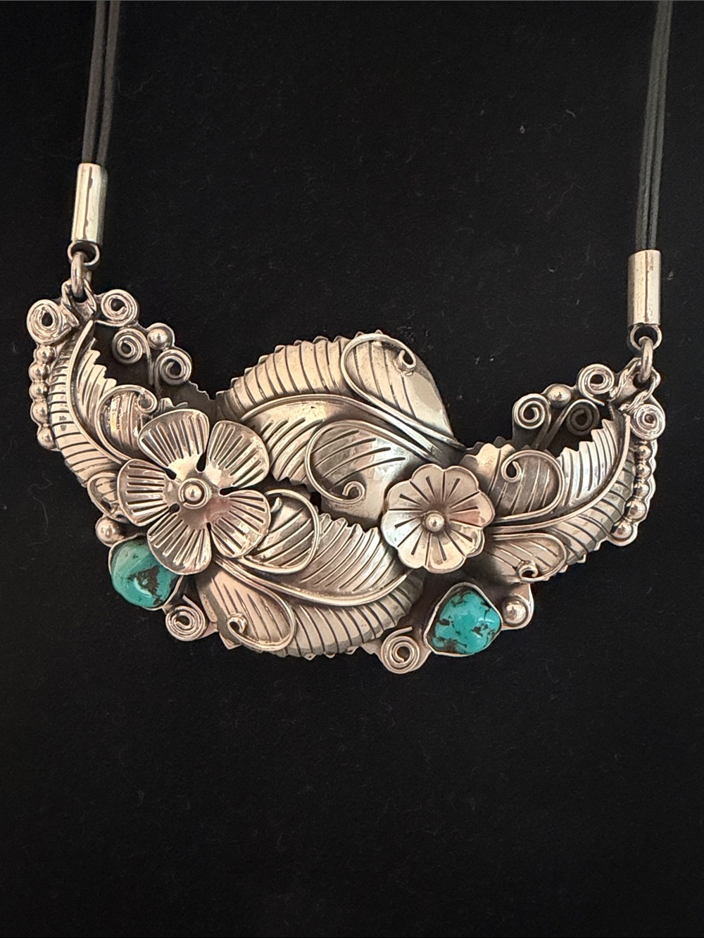 Vintage CII Caravantes 925 Silver Handcrafted Mexico Floral Necklace Turquoise